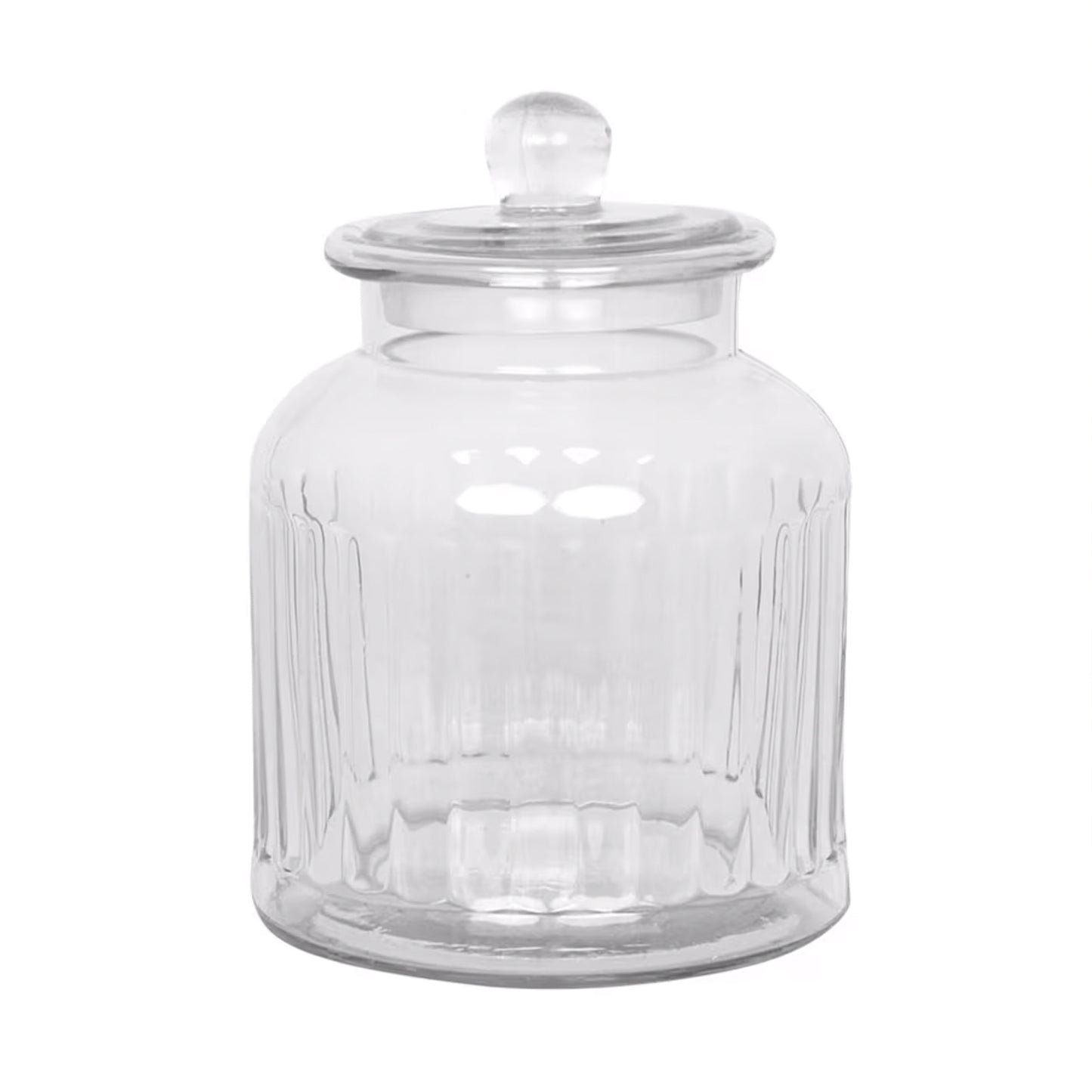 Vera Glass Jar Set – clear ribbed glass storage jars with elegant lids, available in small, medium, and large sizes.