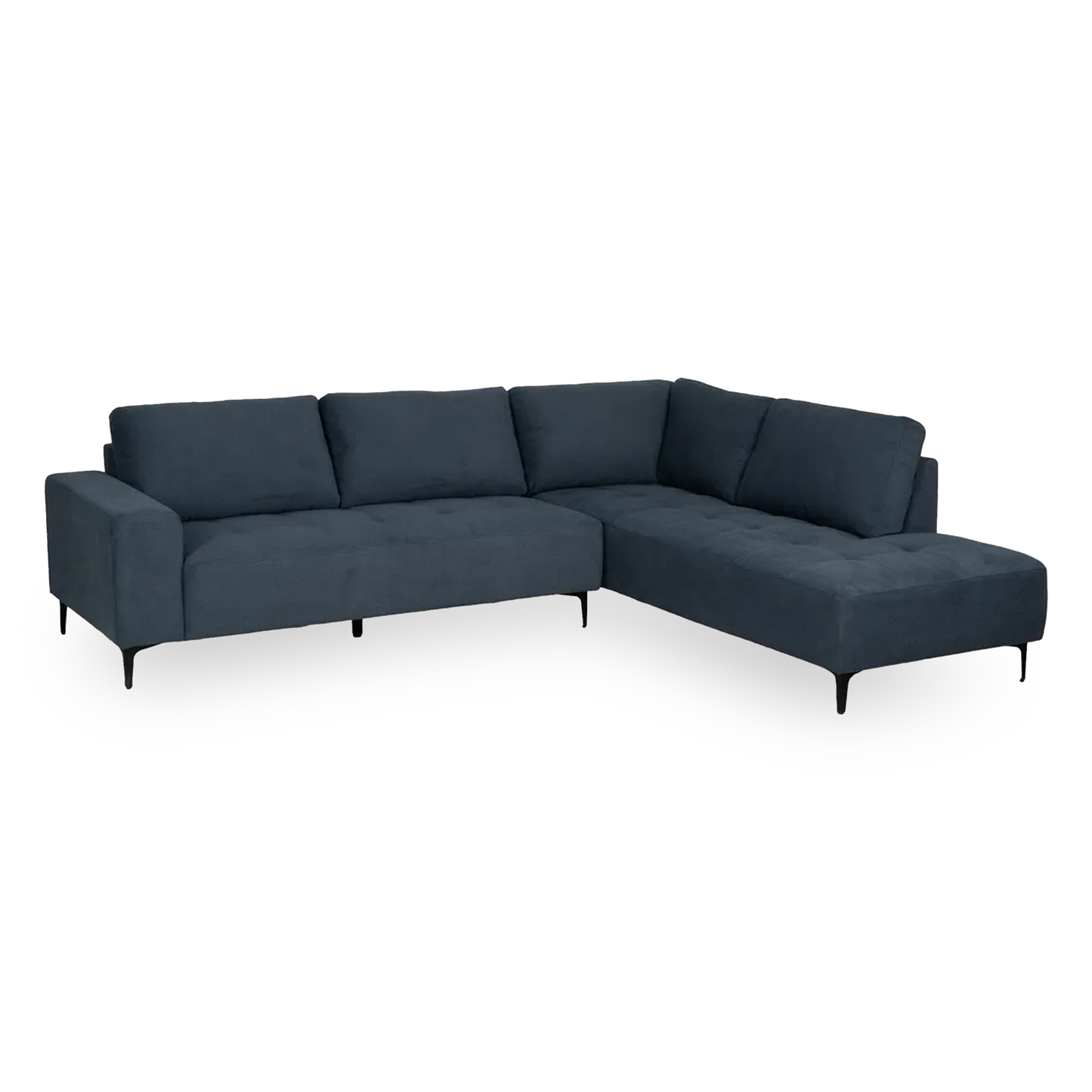 Mario Right Chaise Longue Sofa Blue with deep seats, L-shape design, and slim black legs