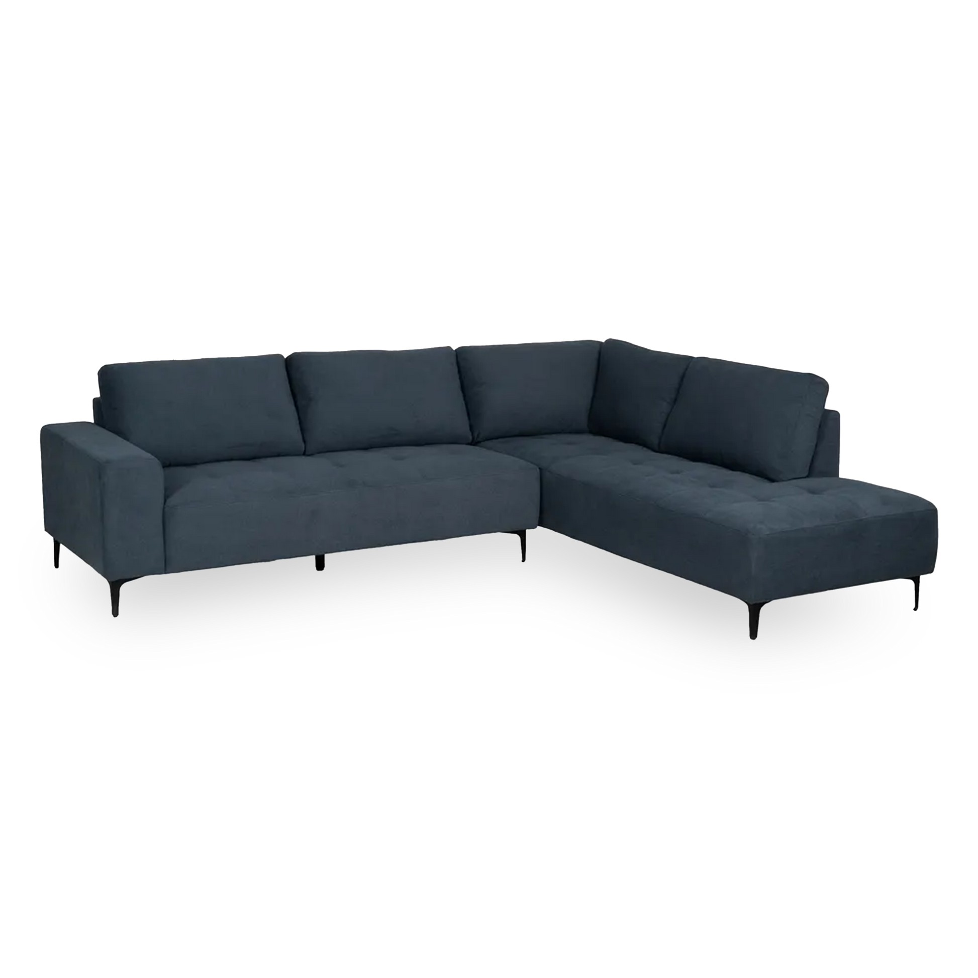 Mario Right Chaise Longue Sofa Blue with deep seats, L-shape design, and slim black legs