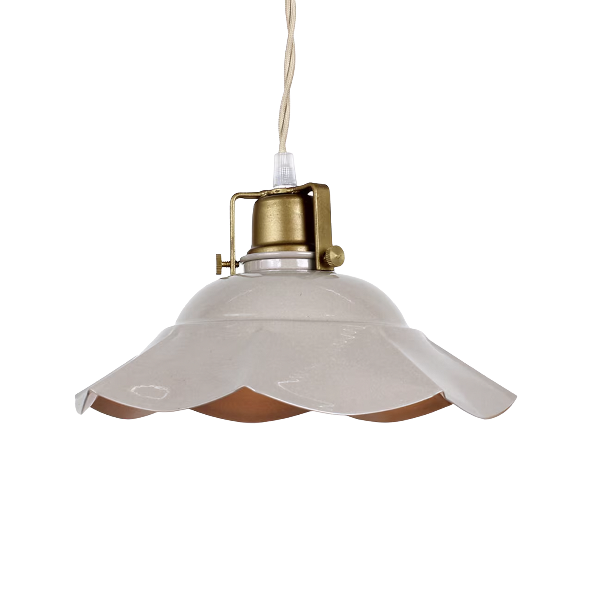 Paloma beige pendant lamp with scalloped iron shade and brass accents from AK Interior Living