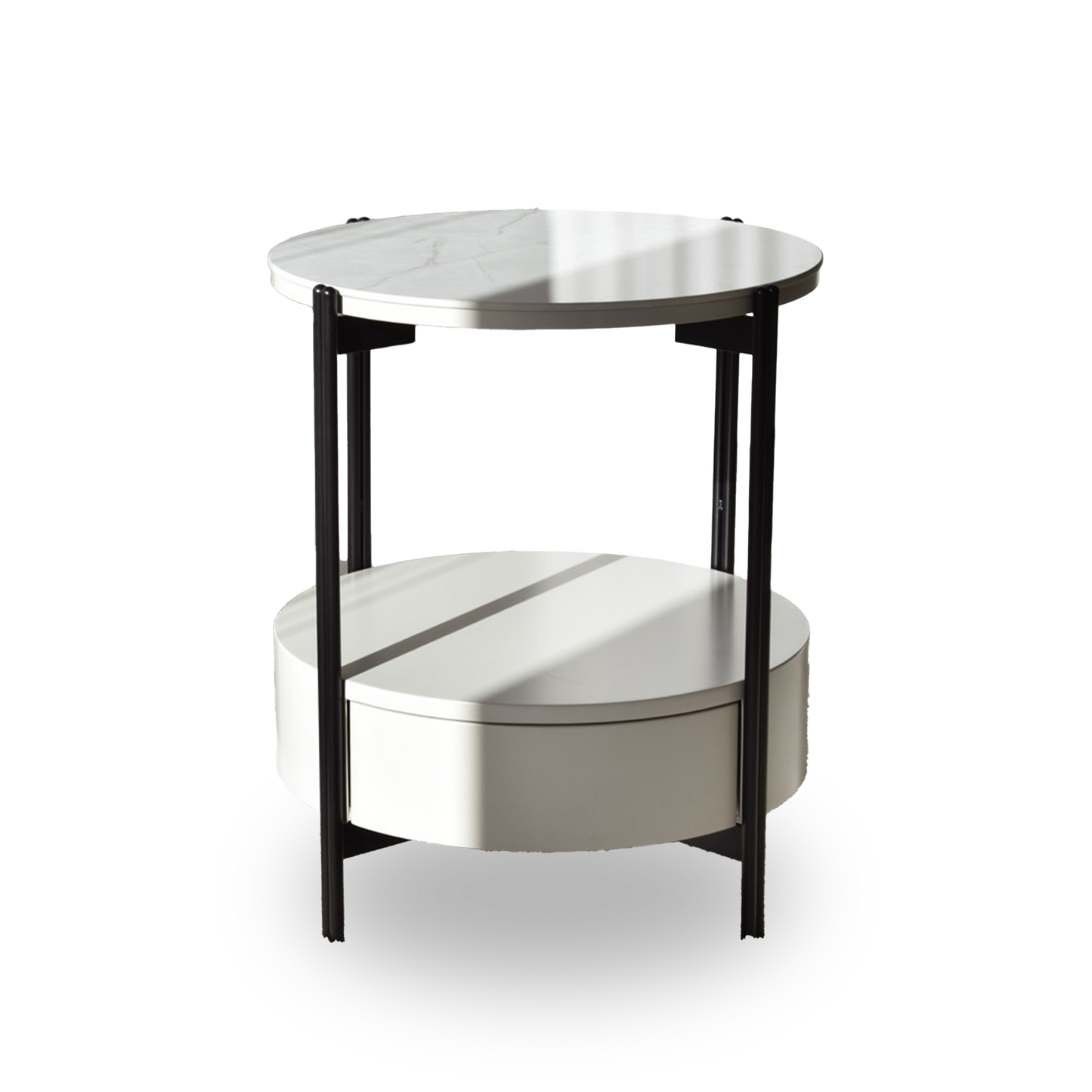 Luca Ceramic Marble White Side Table with round top, black legs, and sand grey drawer base