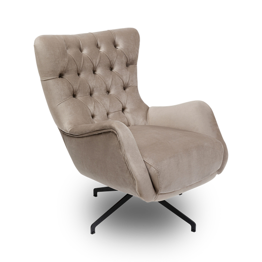 KEANU Velvet Taupe Armchair with tufted backrest and curved armrests