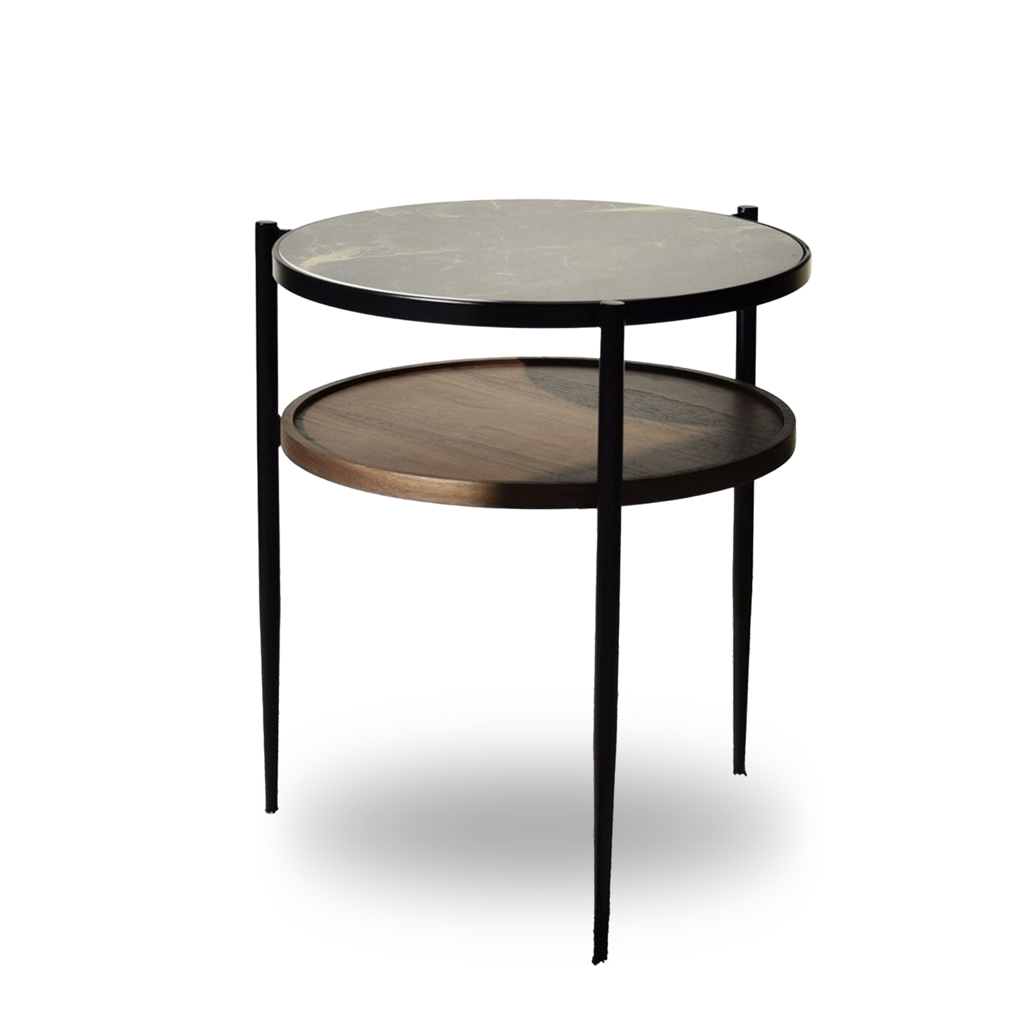 Nico Metal and Ceramic Marble Side Table with walnut shelf and matte black frame