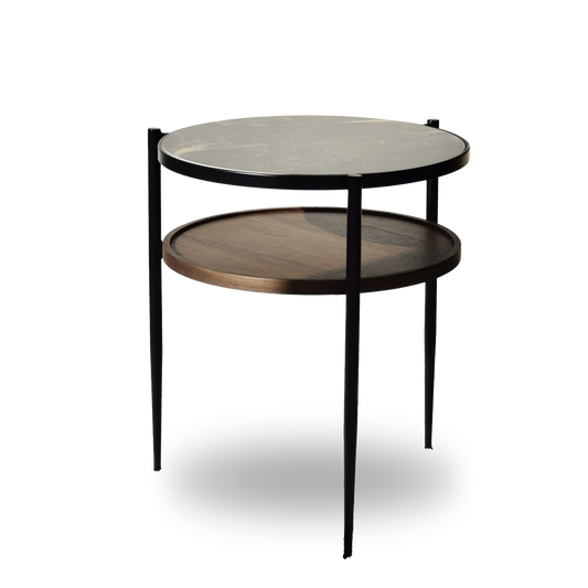 Nico Metal and Ceramic Marble Side Table with walnut shelf and matte black frame