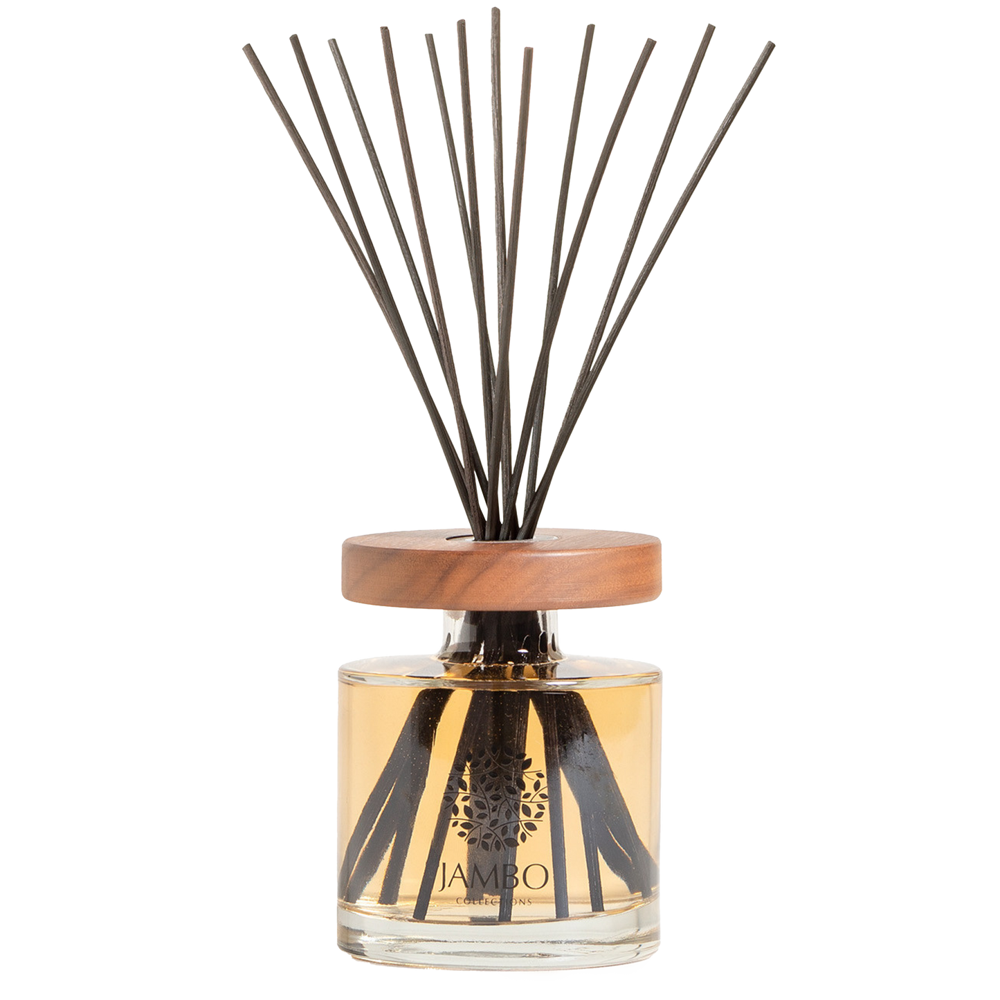 Iguazu Reed Diffuser – elegant glass diffuser featuring pink pepper, raspberry, and leather fragrance from Jambo Elegante.