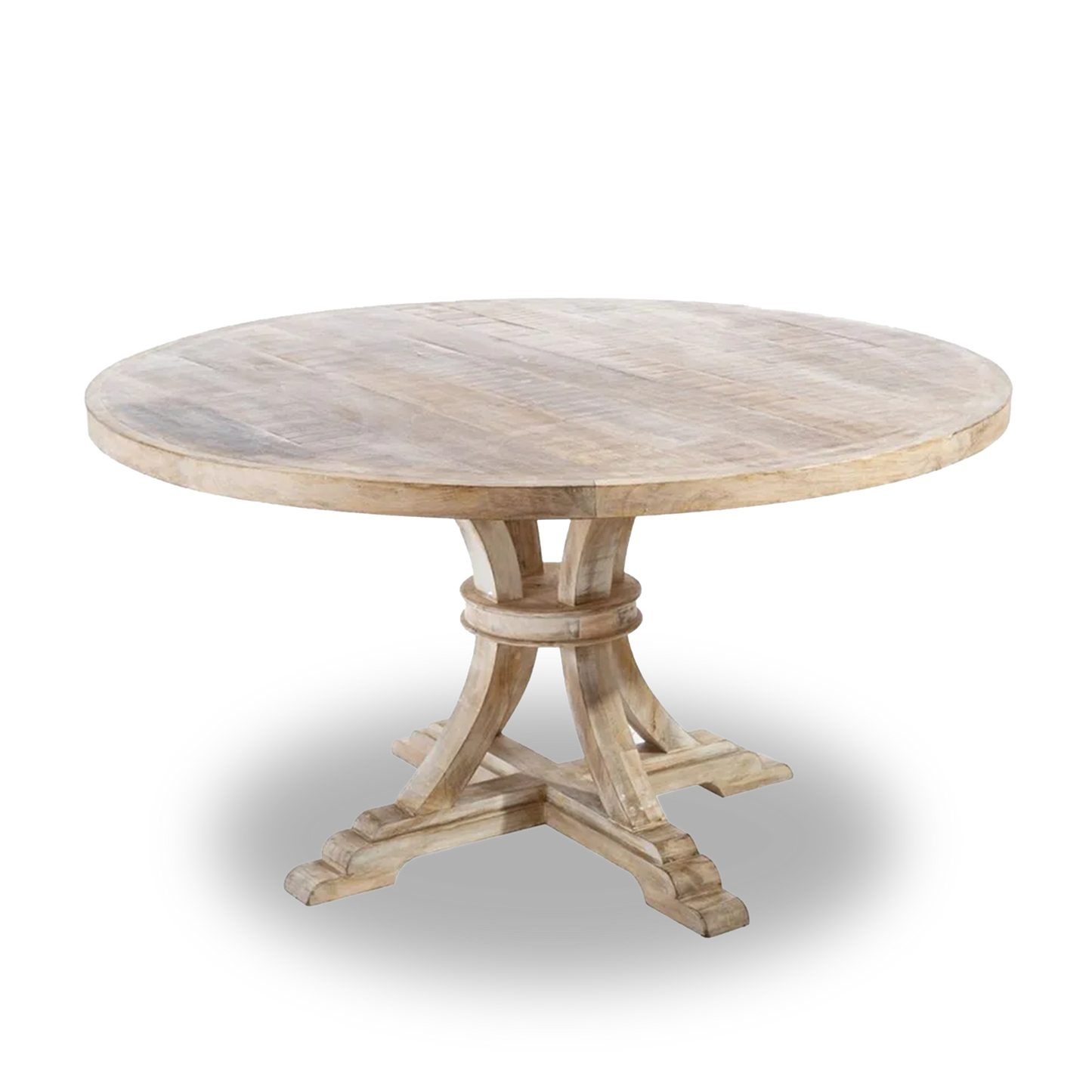 Dario Dining Table Round White Pickling with vintage finish and carved pedestal base, 150 cm diameter