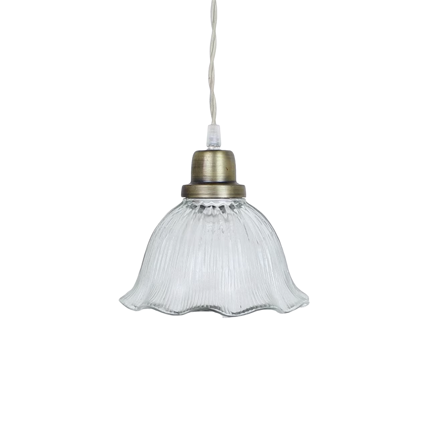 Rocio pendant lamp with wavy clear glass shade and antique brass fixture