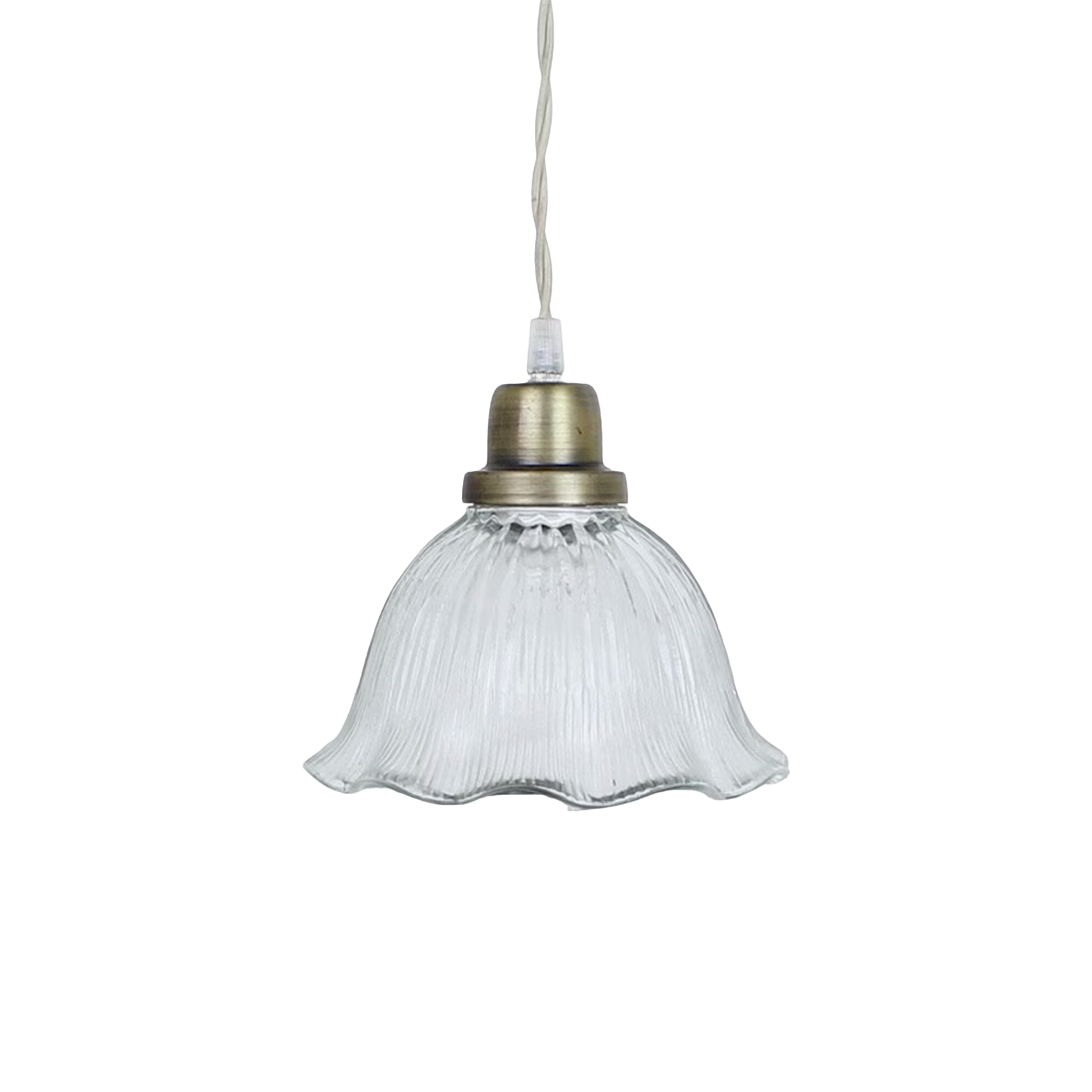 Rocio pendant lamp with wavy clear glass shade and antique brass fixture