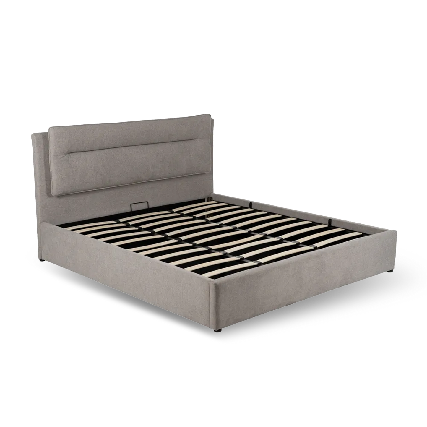 Pol grey upholstered storage bed with high padded headboard and lift-up slatted base