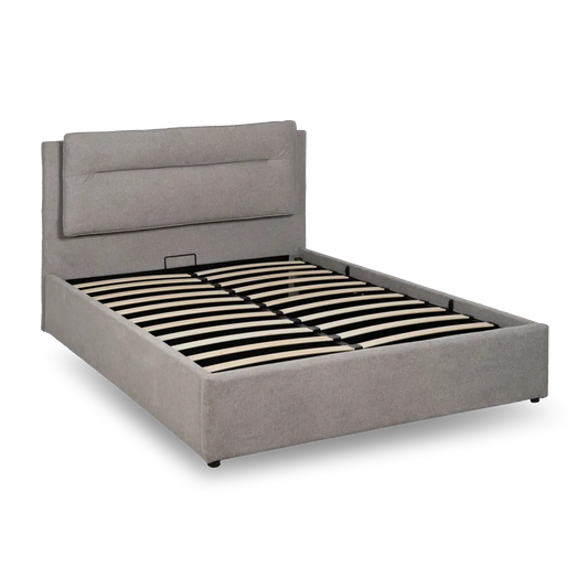 Pedro grey upholstered storage bed with lift-up base and cushioned headboard