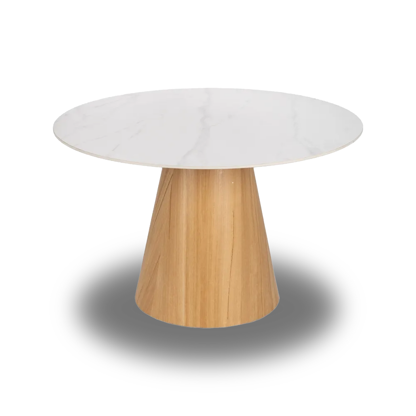 Arnau Dining Table White-Natural with round white ceramic top and conical wood base, 120 cm