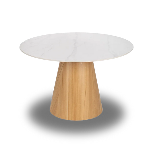 Arnau Dining Table White-Natural with round white ceramic top and conical wood base, 120 cm