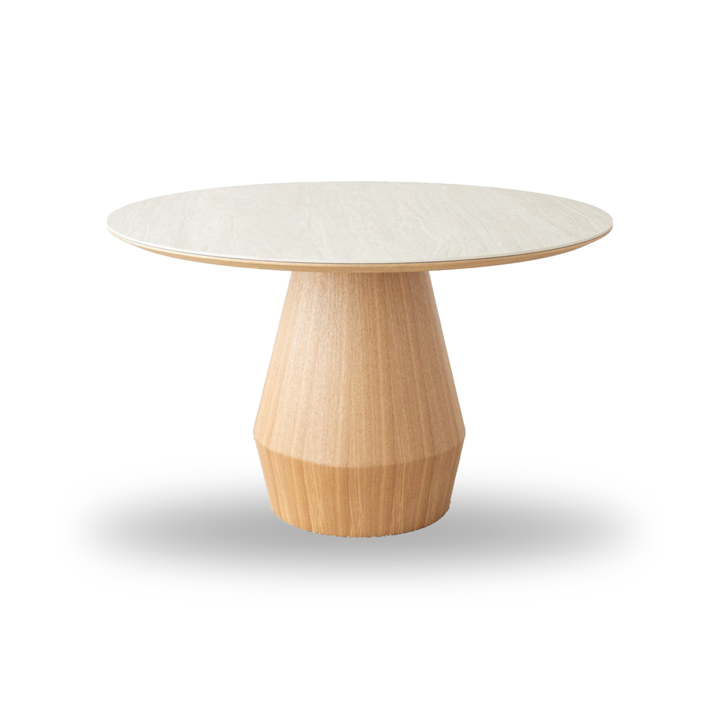 Mateo round dining table with ceramic marble top and natural ash wood conical base