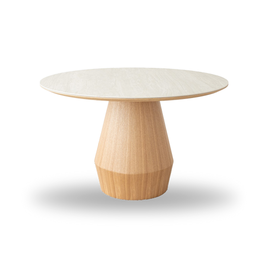 Mateo round dining table with ceramic marble top and natural ash wood conical base