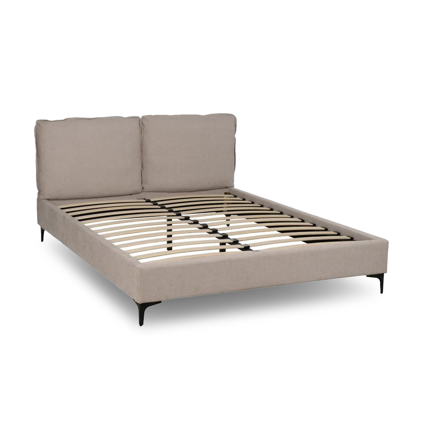 Nil upholstered bed in beige fabric with soft headboard and black metal legs