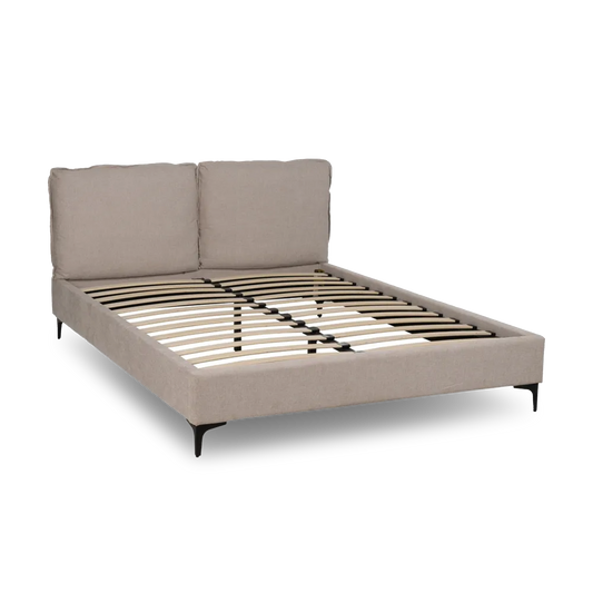 Nil upholstered bed in beige fabric with soft headboard and black metal legs