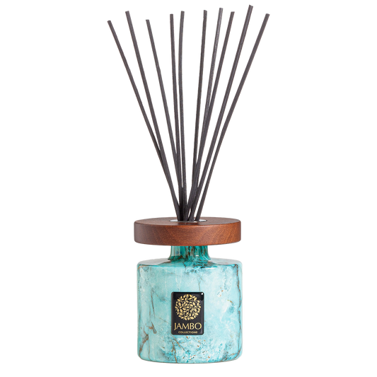 Yejele Reed Diffuser – artisan turquoise diffuser with neroli, eucalyptus, and fig fragrance from Jambo Exclusivo Collection.