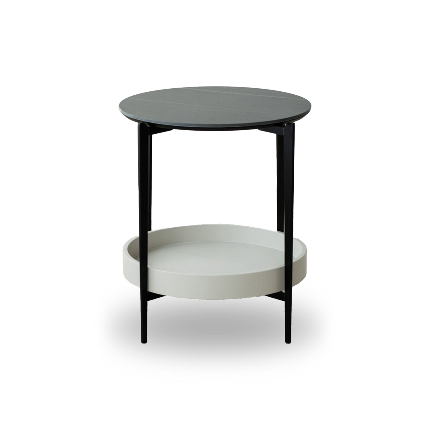 Miguel Side Table with matte black metal legs and grey ceramic marble top