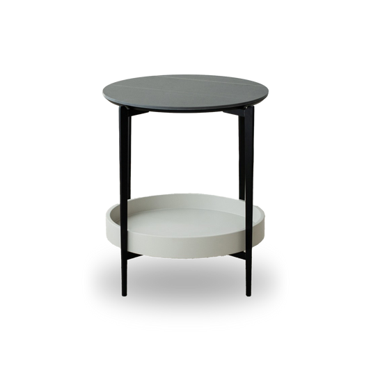 Miguel Side Table with matte black metal legs and grey ceramic marble top