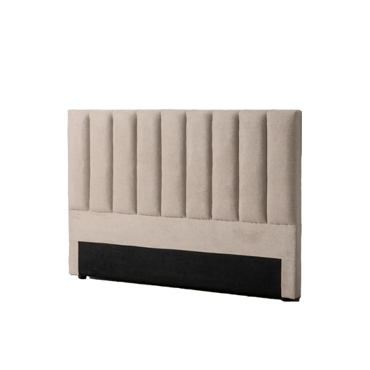 Xavier beige fabric headboard with vertical panels and black base, 160 cm wide for double or queen-sized beds
