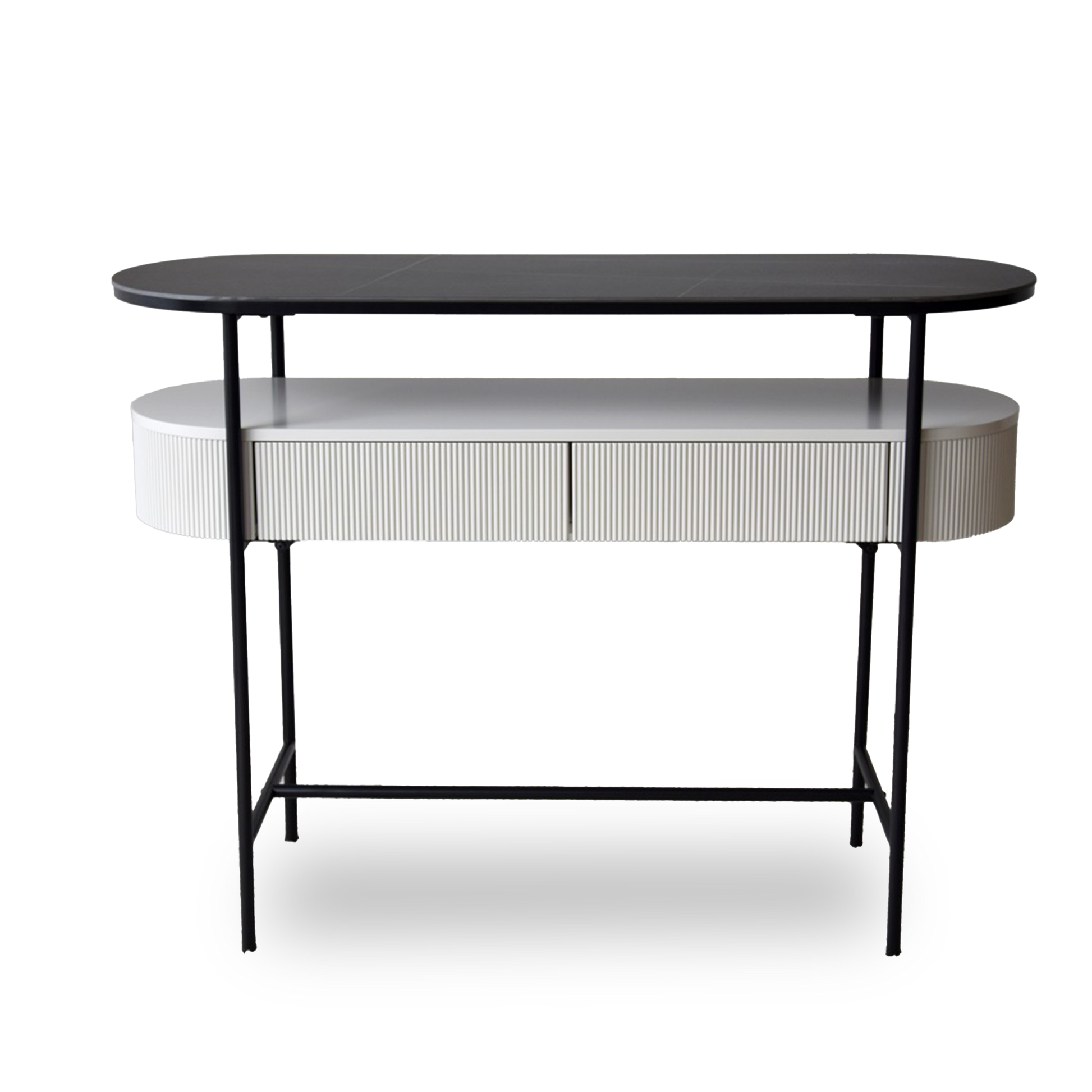Izan Sintered Stone Black Console Table with ribbed drawer and black matte metal frame