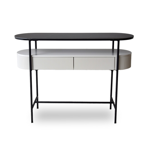 Izan Sintered Stone Black Console Table with ribbed drawer and black matte metal frame