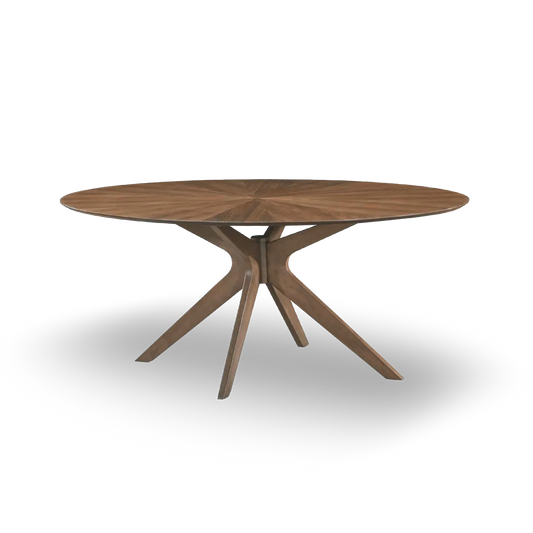 Alonso 180 cm Oval Dining Table with walnut veneer top and sculptural star-shaped base