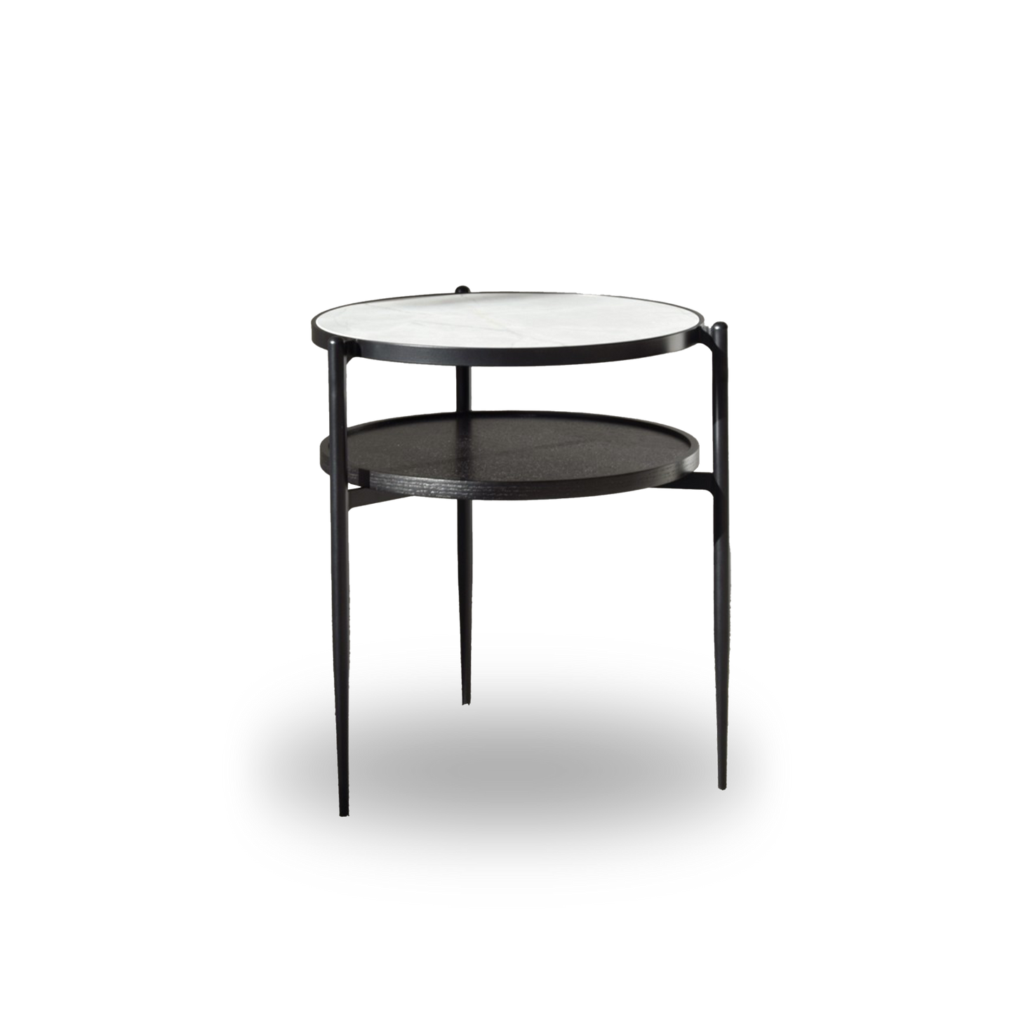 Neizan Side Table Black and White with ceramic top, black oak shelf, and matte black metal legs