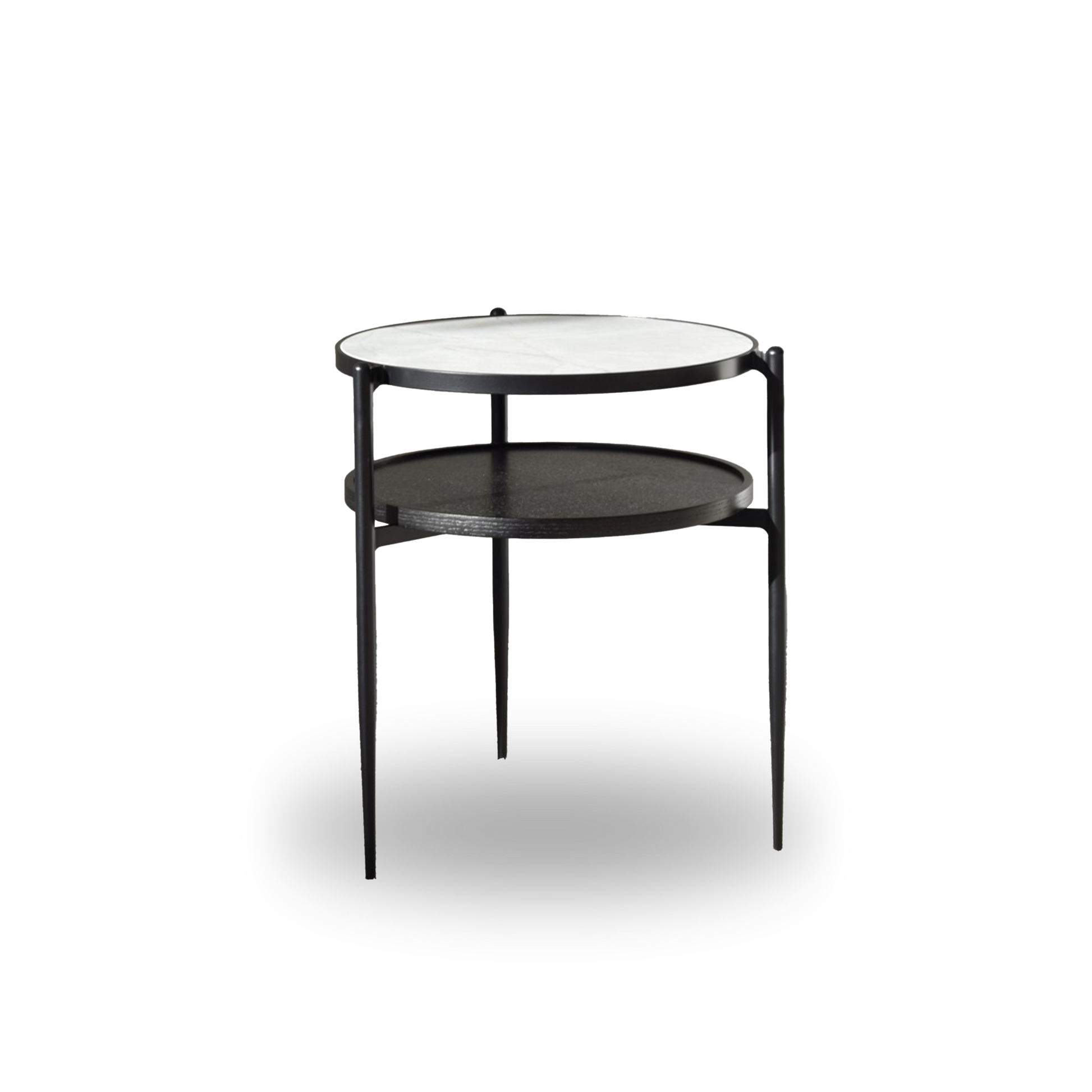 Neizan Side Table Black and White with ceramic top, black oak shelf, and matte black metal legs