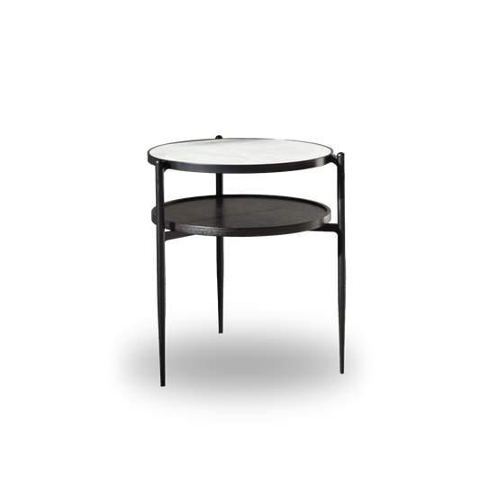 Neizan Side Table Black and White with ceramic top, black oak shelf, and matte black metal legs