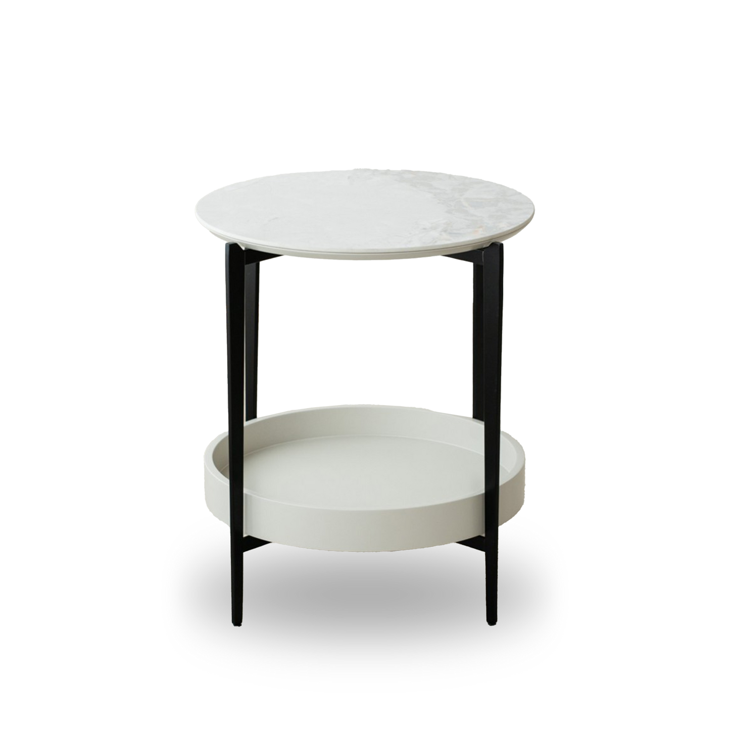 Nicolas Metal and Ceramic Marble Side Table with white marble top and matte grey shelf