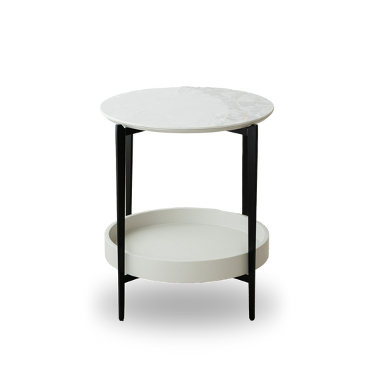 Nicolas Metal and Ceramic Marble Side Table with white marble top and matte grey shelf