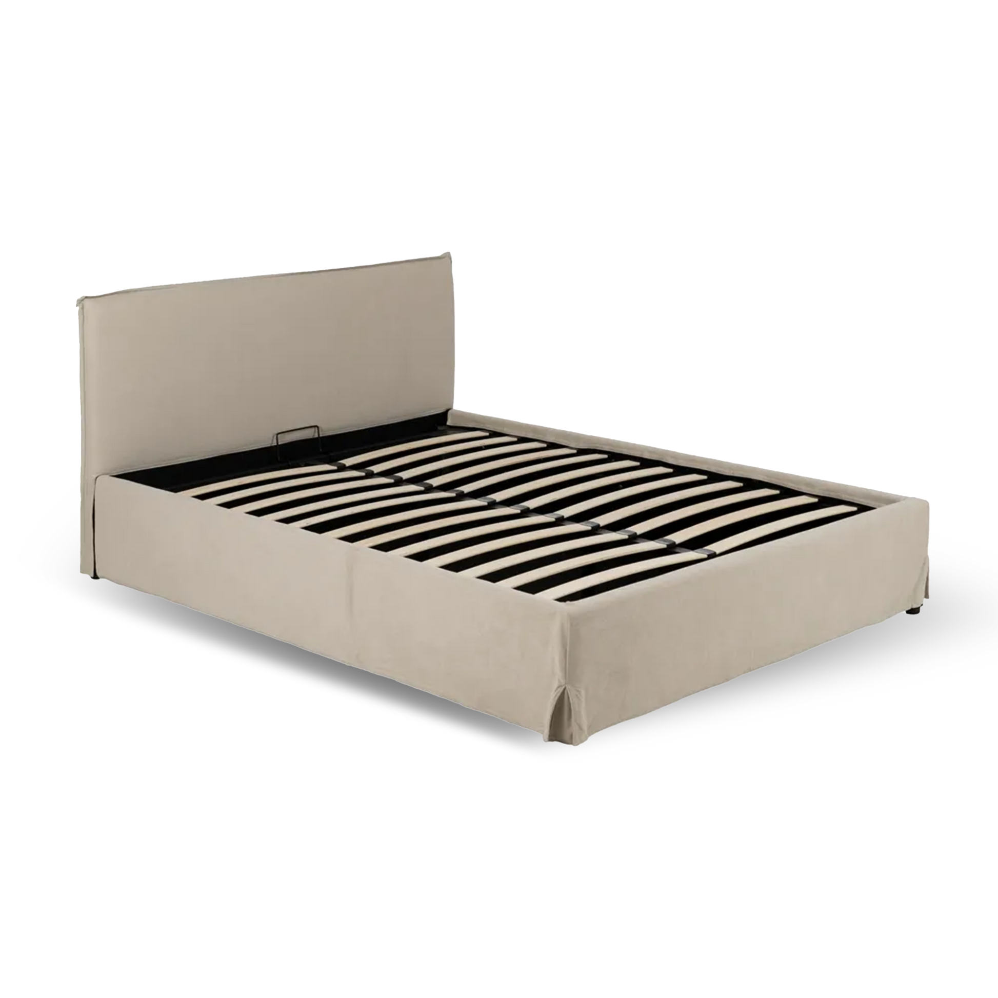 Rafael beige fabric storage bed with minimalist headboard and lift-up slatted frame