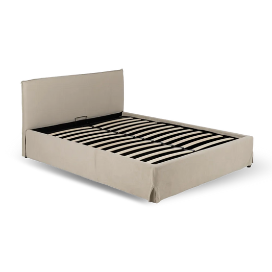 Rafael beige fabric storage bed with minimalist headboard and lift-up slatted frame