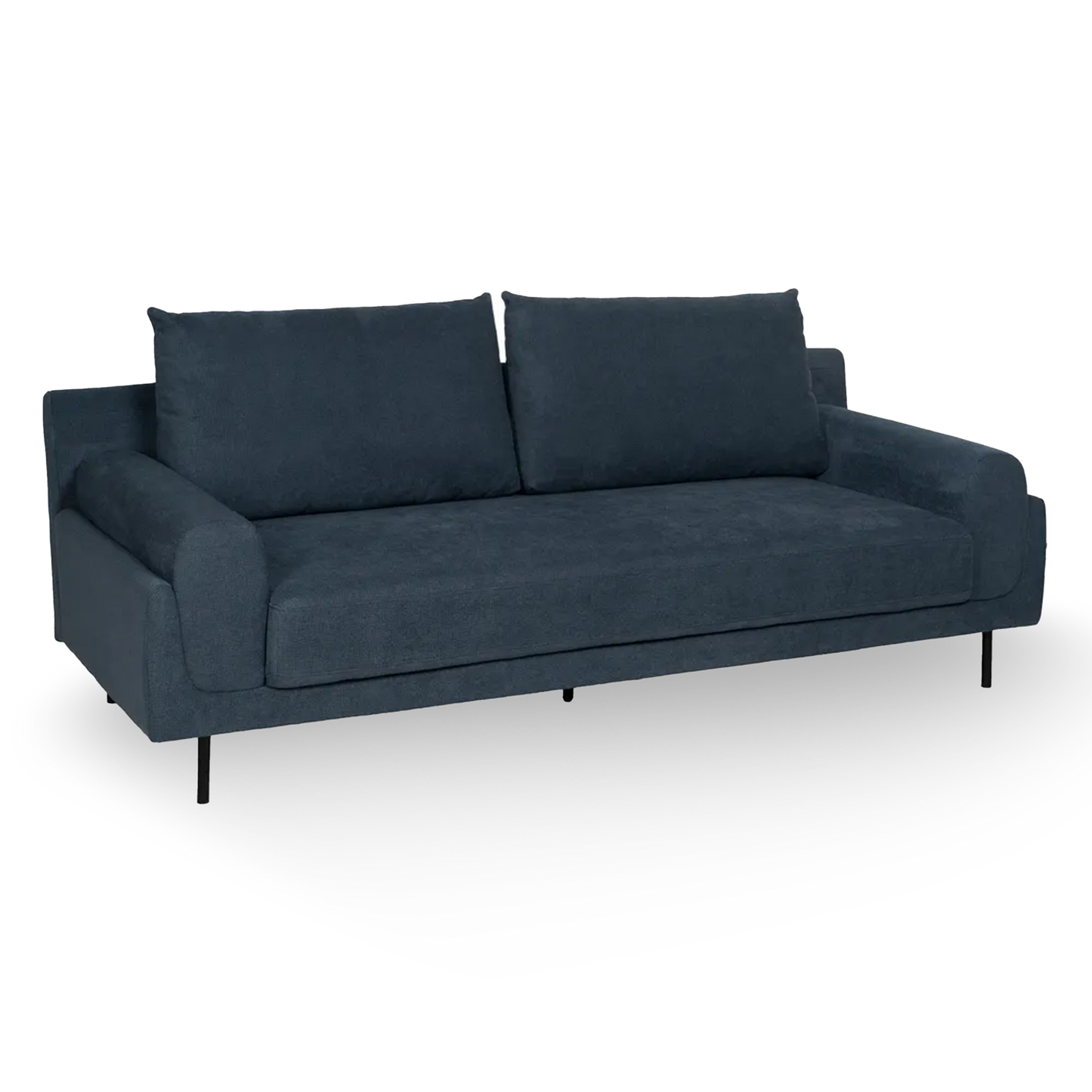 Hugo 3 Seater Sofa Blue Fabric-Metal with deep cushions, rounded arms, and slim black legs, 216 cm