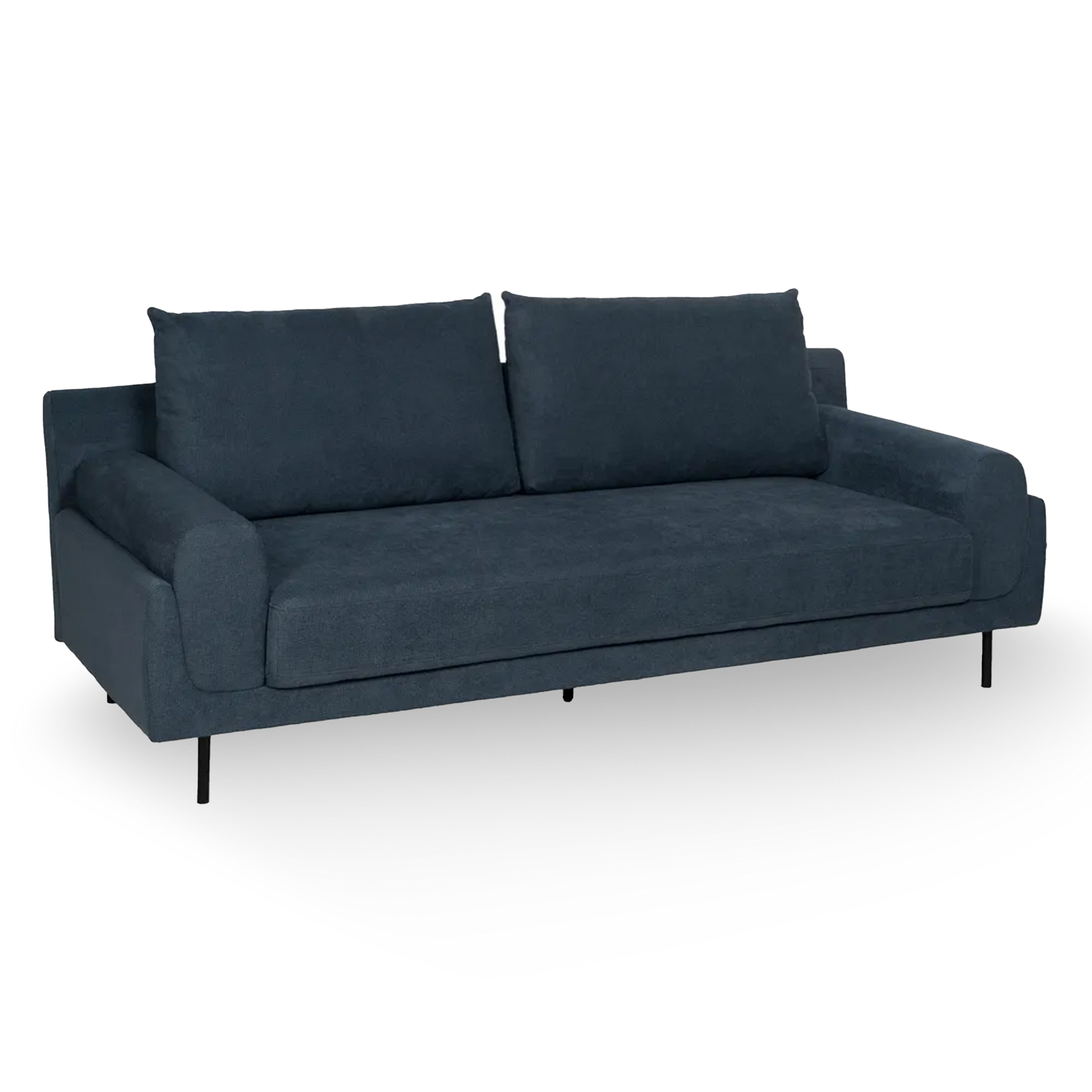 Hugo 3 Seater Sofa Blue Fabric-Metal with deep cushions, rounded arms, and slim black legs, 216 cm