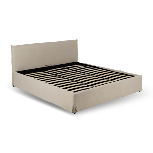 Raúl beige fabric storage bed with lift-up slatted base and minimalist upholstered headboard