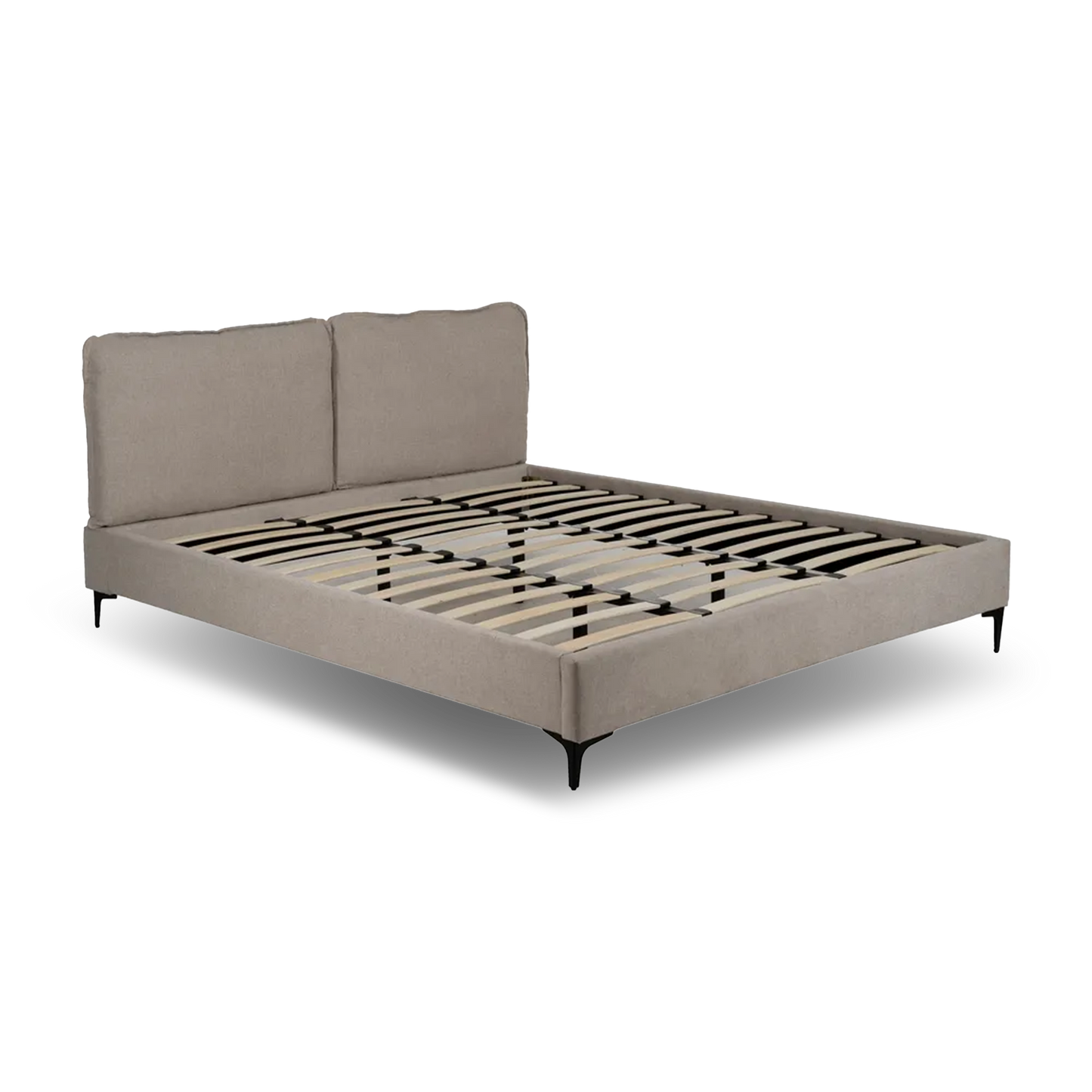 Pablo king size upholstered bed with beige fabric, cushioned headboard and black metal legs
