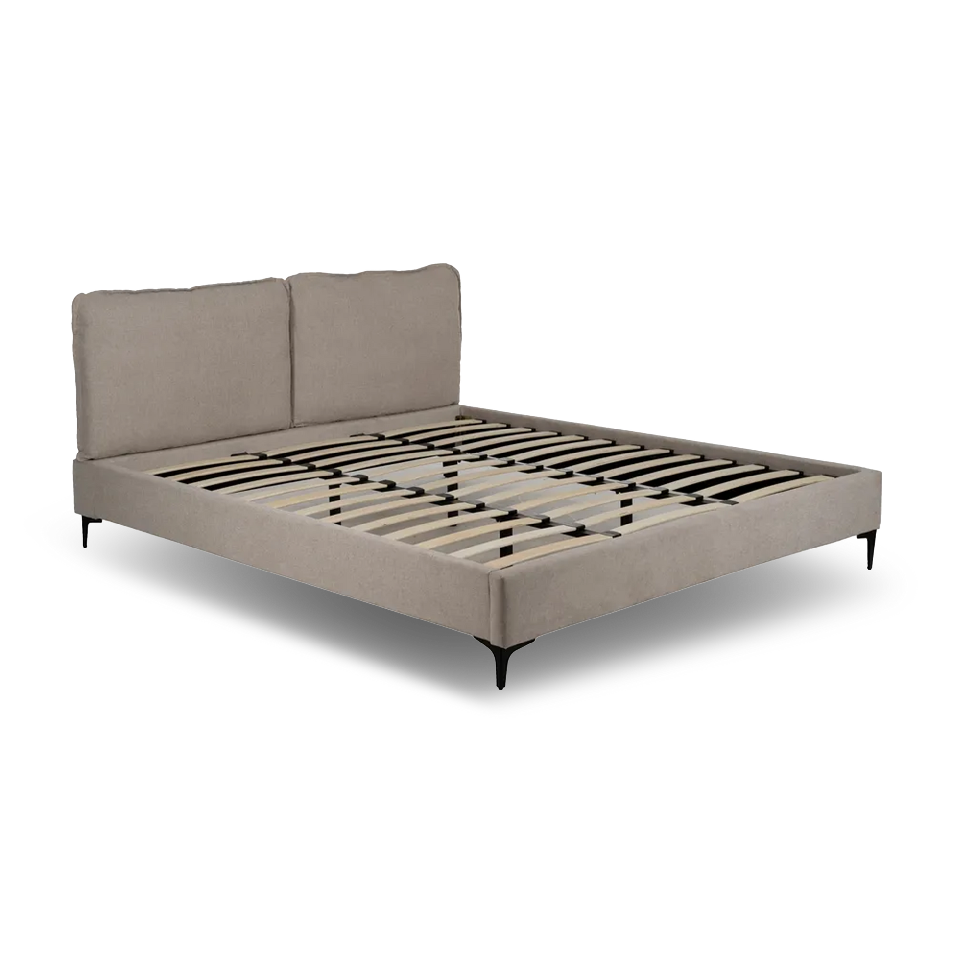 Pablo king size upholstered bed with beige fabric, cushioned headboard and black metal legs