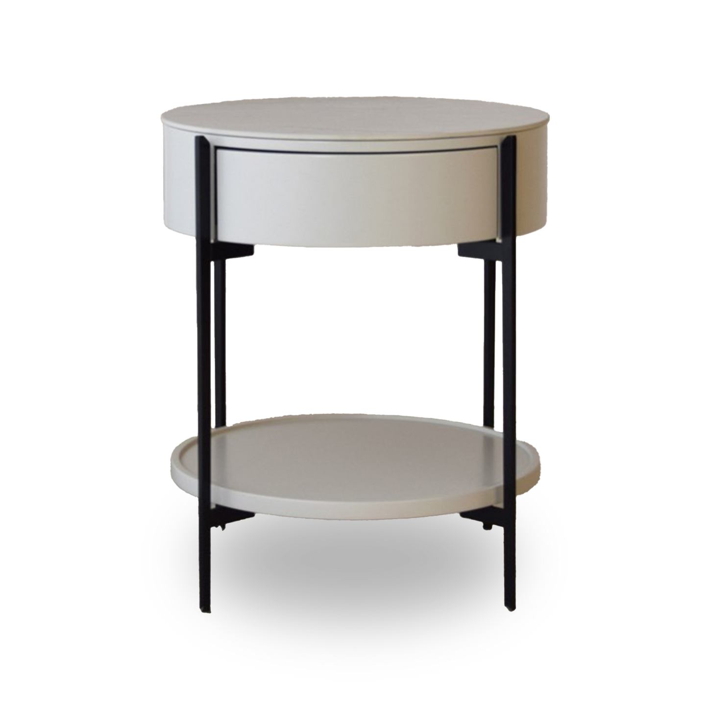 Juan White Ceramic Marble Side Table with round silhouette, drawer, and black metal legs
