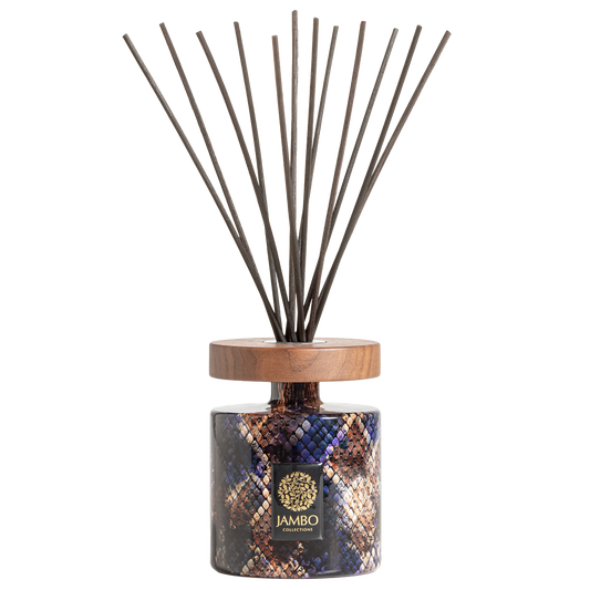 Moorea Reed Diffuser – exotic patterned diffuser with incense, leather, and musk fragrance from Jambo Exclusivo Collection.