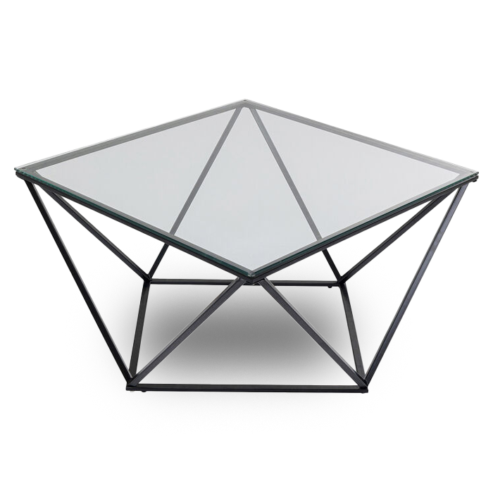 SNOOPY Graphite Coffee Table with smoked glass top and bold geometric black metal frame.