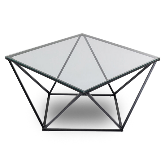 SNOOPY Graphite Coffee Table with smoked glass top and bold geometric black metal frame.
