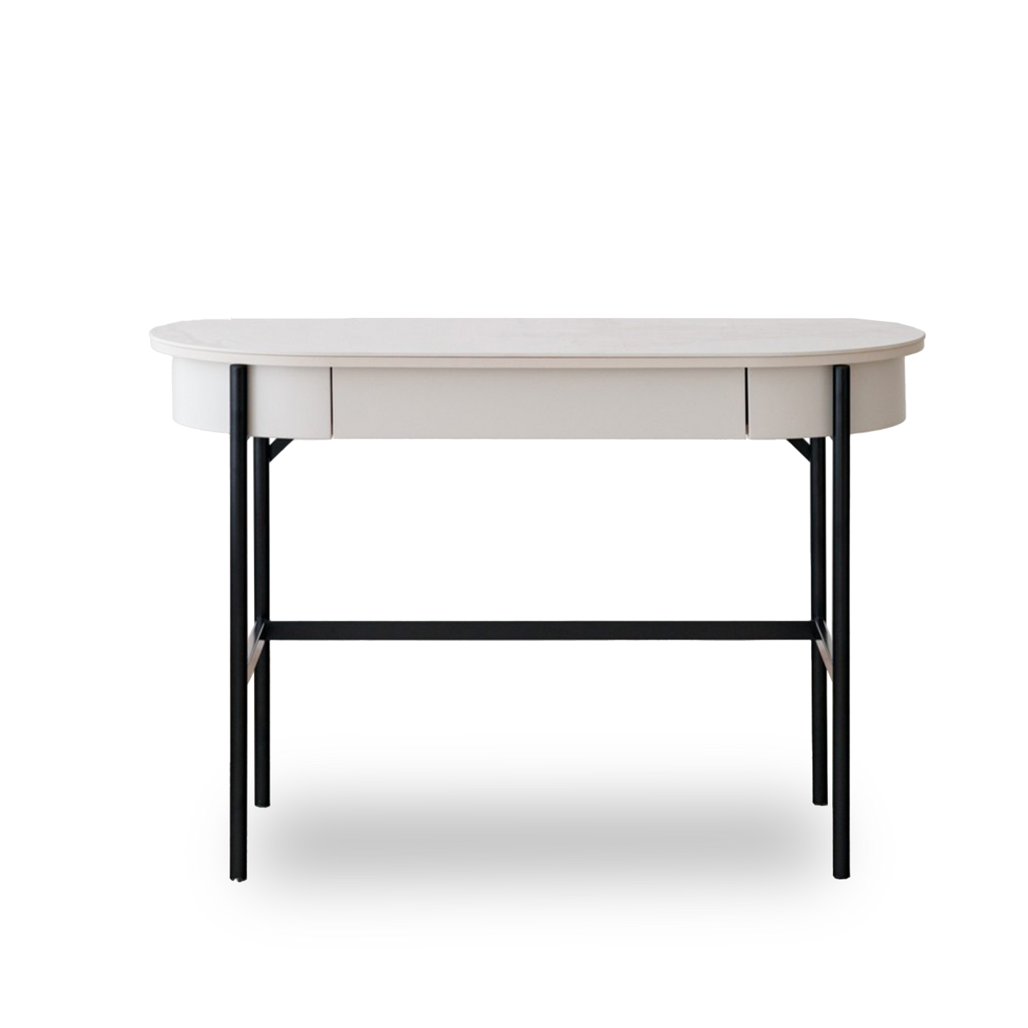 Iker White Ceramic Marble Desk with black legs, oval top, and lacquered drawer