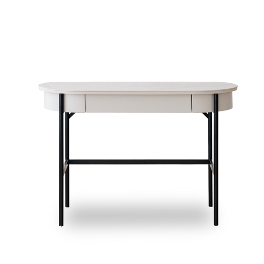 Iker White Ceramic Marble Desk with black legs, oval top, and lacquered drawer