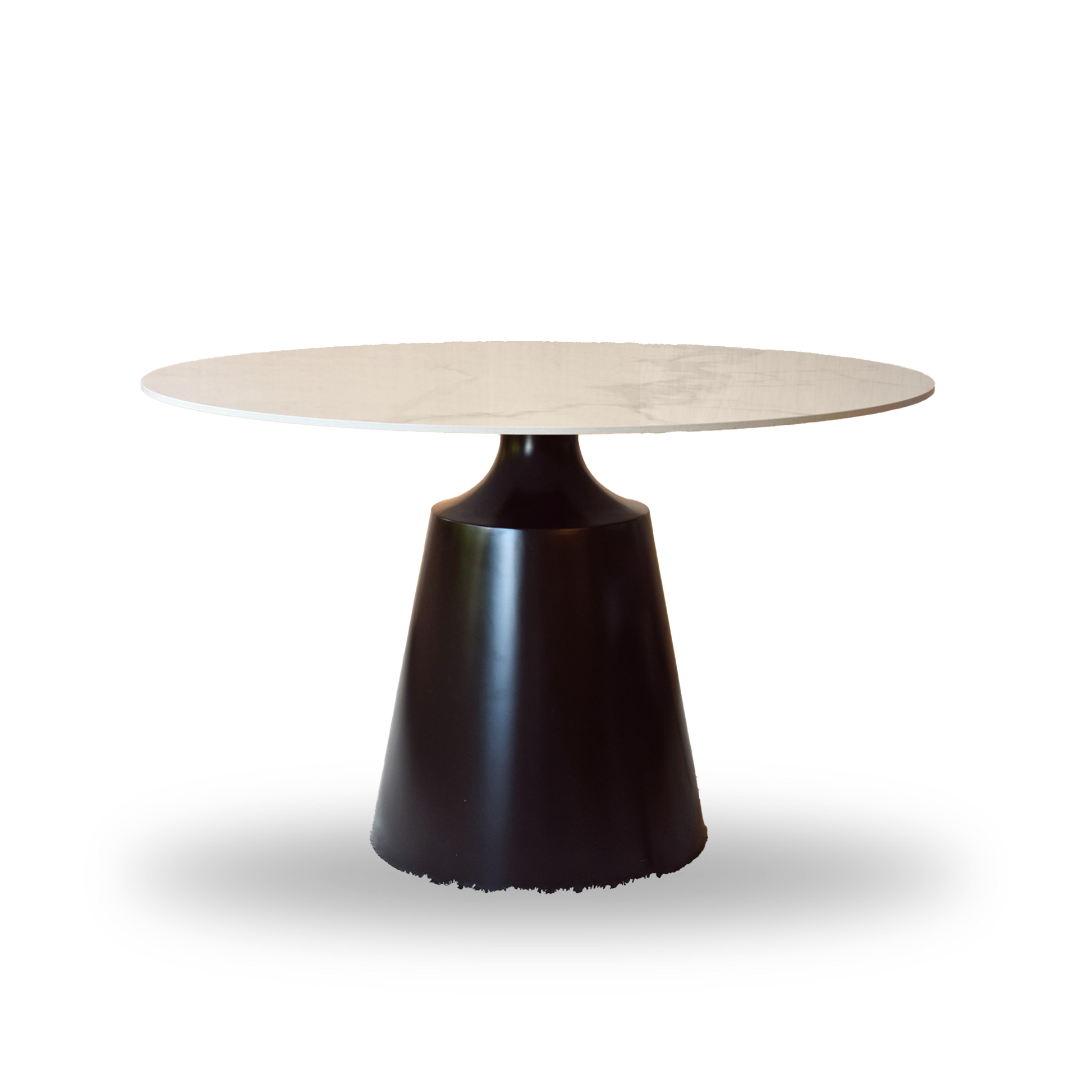 Matias round dining table with white ceramic marble top and matte black conical base