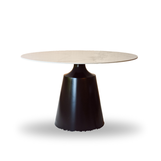 Matias round dining table with white ceramic marble top and matte black conical base