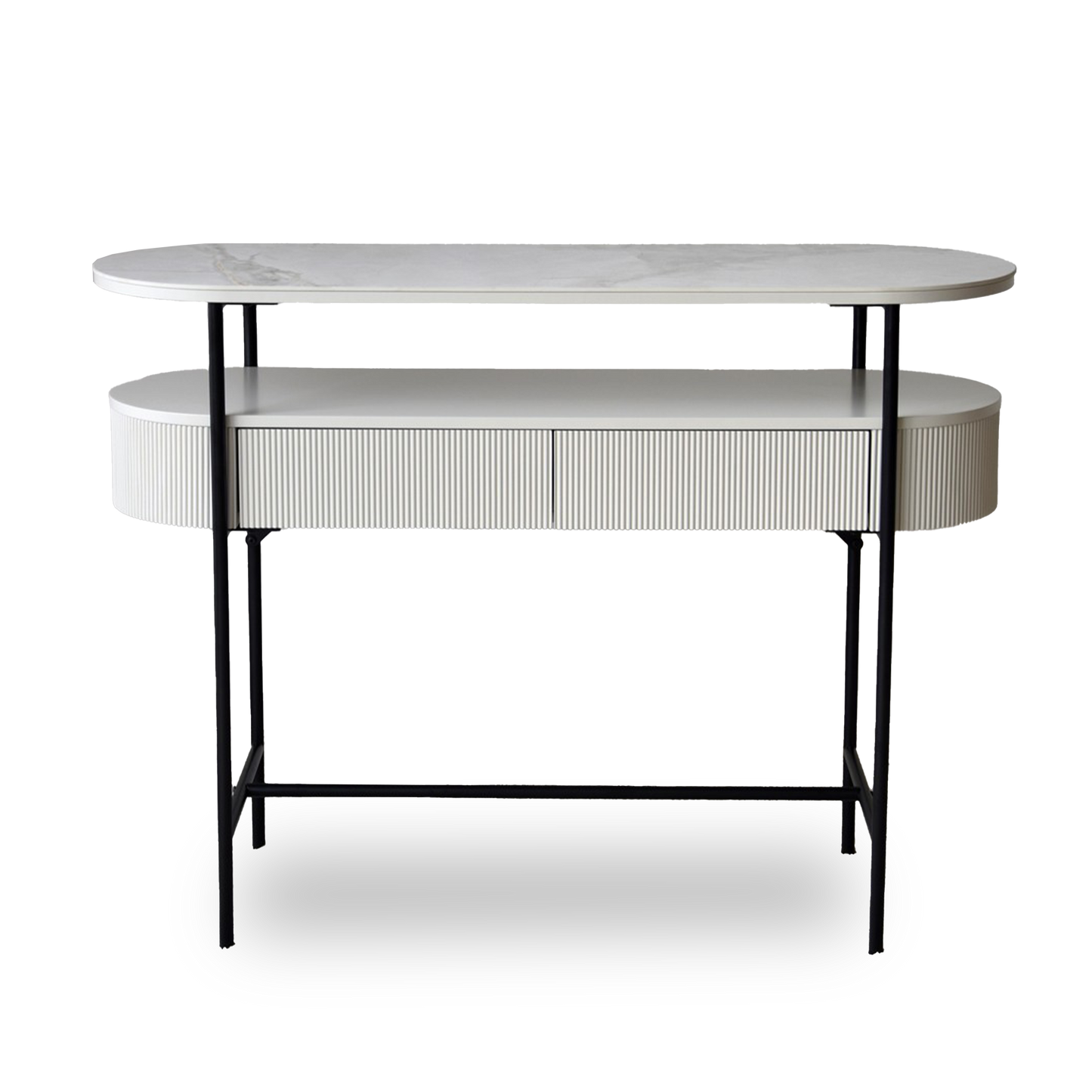 Javier White Ceramic Console Table with black metal frame and grooved drawer front