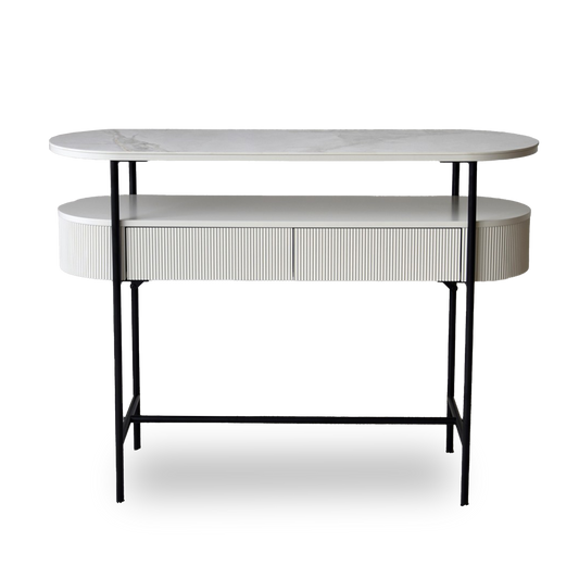 Javier White Ceramic Console Table with black metal frame and grooved drawer front