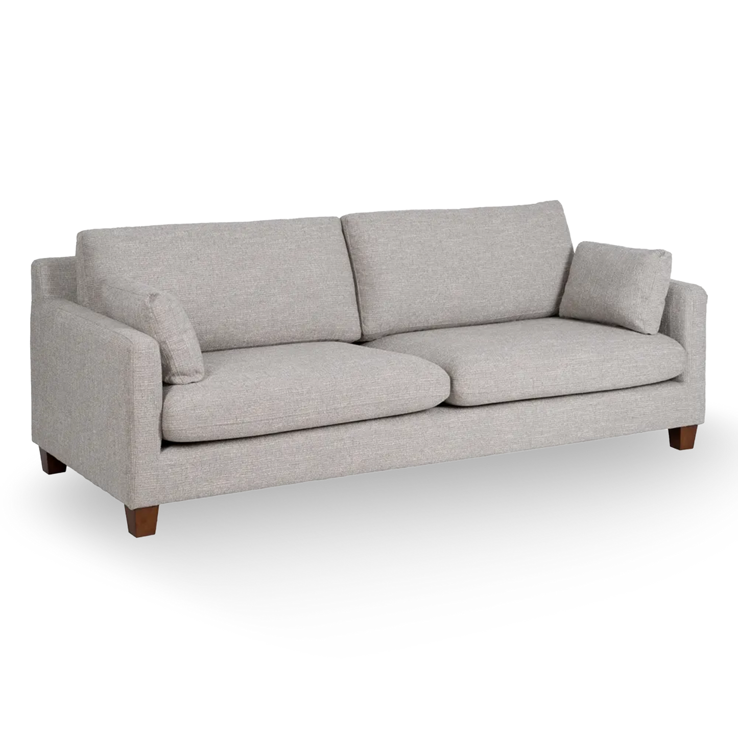 Fernando 3 Seater Sofa Grey Weave-Wood with minimalist frame, soft grey fabric and wood legs, 221 cm